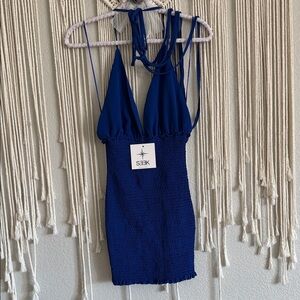 Royal  blue smocked V-neck mini dress